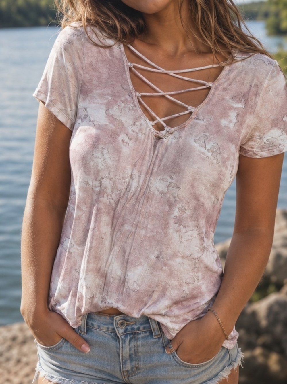 American Eagle Soft & Sexy Dusty Pink Tee Tie-Dye Lace-Up V-Neck Soft Girl